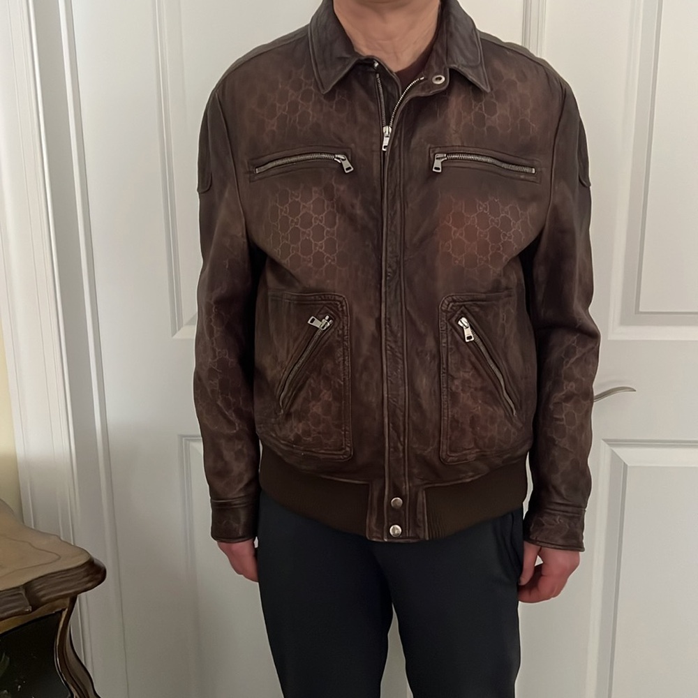 Gucci Dark Brown Leather Bomber Jacket